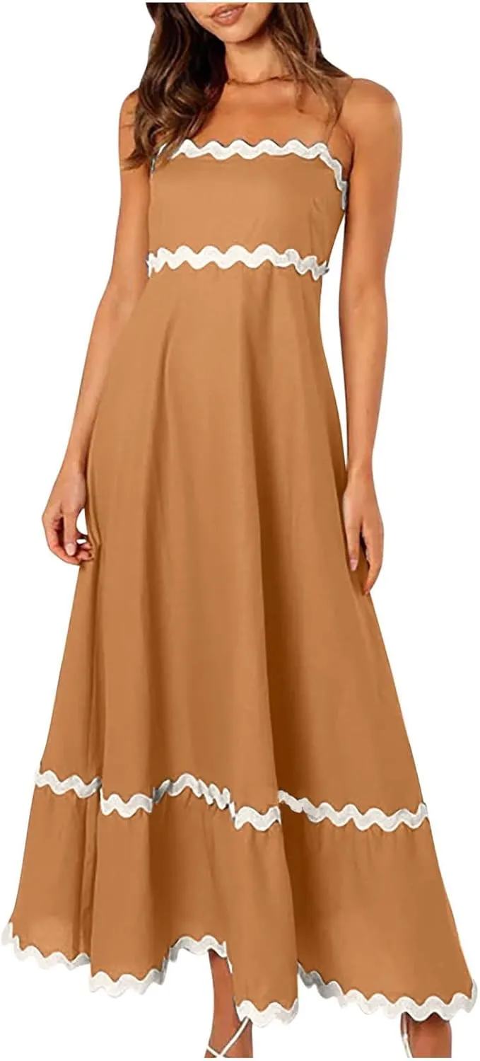 Party Dresses for Women 2024 Elegant Spaghetti Strap Ruffle Maxi Dress Summer Fashion Sleeveless Sundress Going Out