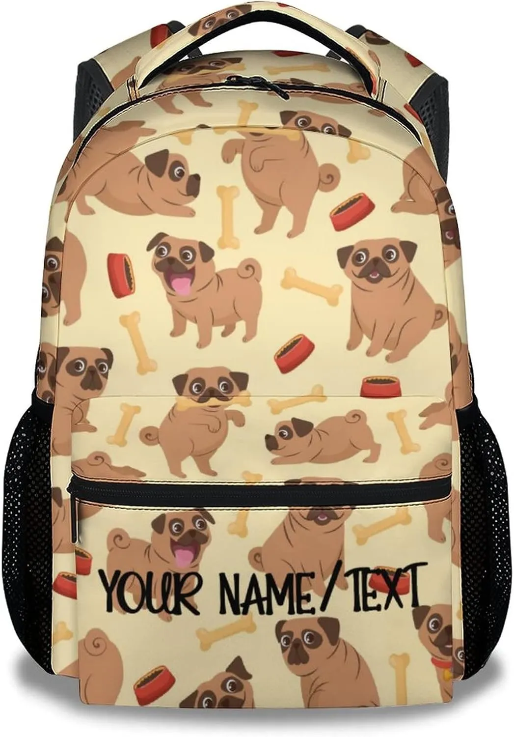 Personalized Cute Pug Backpack with Name Text, 16 Inch Dog Theme Bookbag with Adjustable Straps, Durable, Lightweight, Large Capacity, School Backpack for Kids Girls Boys