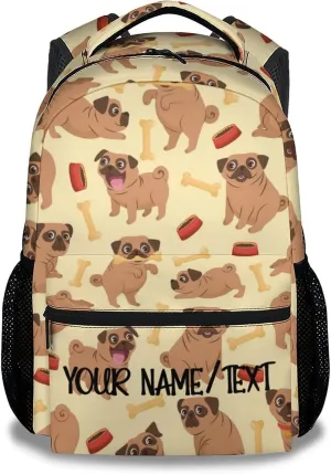 Personalized Cute Pug Backpack with Name Text, 16 Inch Dog Theme Bookbag with Adjustable Straps, Durable, Lightweight, Large Capacity, School Backpack for Kids Girls Boys