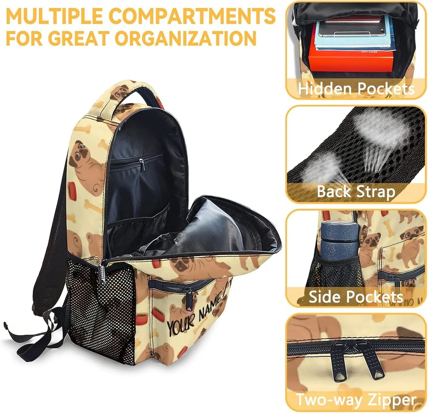 Personalized Cute Pug Backpack with Name Text, 16 Inch Dog Theme Bookbag with Adjustable Straps, Durable, Lightweight, Large Capacity, School Backpack for Kids Girls Boys