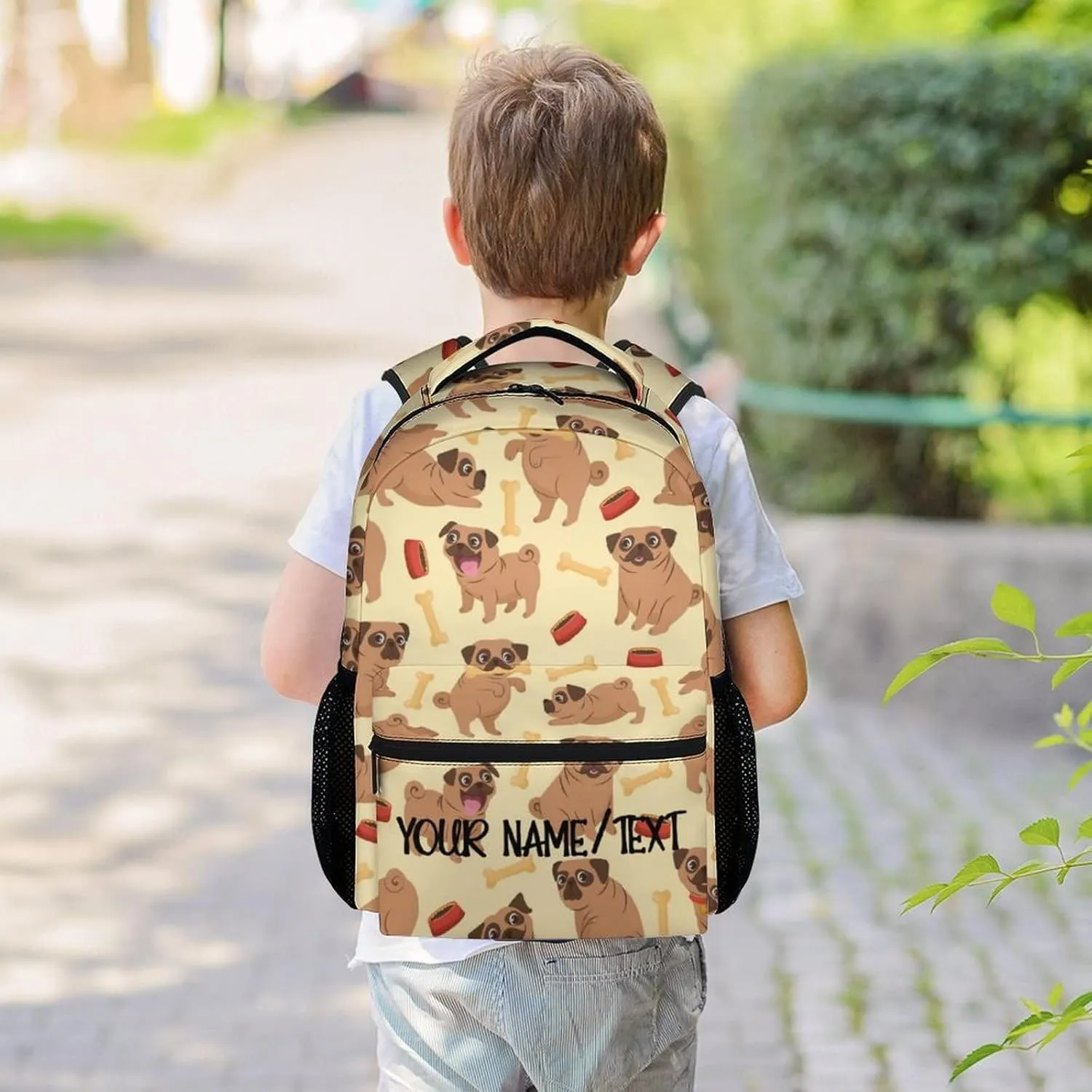 Personalized Cute Pug Backpack with Name Text, 16 Inch Dog Theme Bookbag with Adjustable Straps, Durable, Lightweight, Large Capacity, School Backpack for Kids Girls Boys