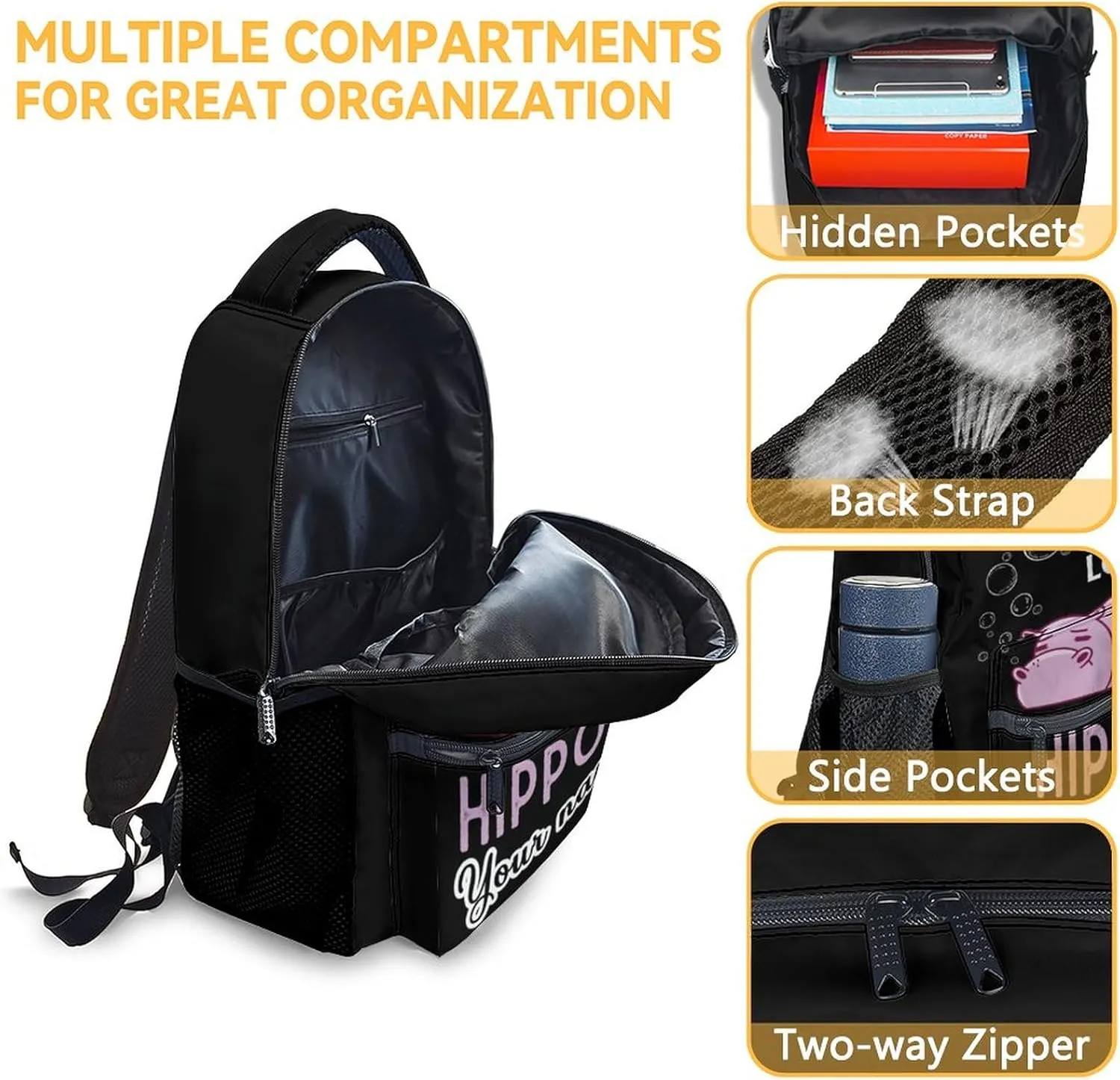 Personalized Hippo Backpack for Girls Boys, 16 Inch Backpacks for School, Cute, Adjustable Straps, Durable, Lightweight, Large Capacity Bookbag for Kids