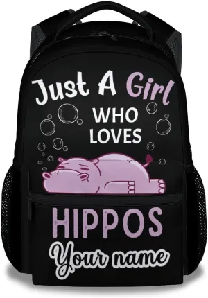Personalized Hippo Backpack for Girls Boys, 16 Inch Backpacks for School, Cute, Adjustable Straps, Durable, Lightweight, Large Capacity Bookbag for Kids