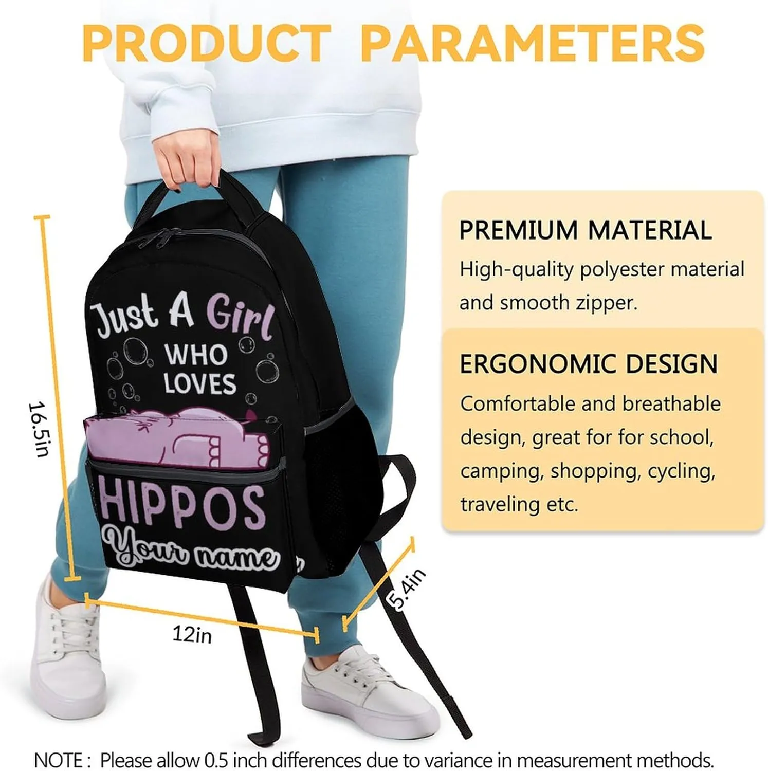 Personalized Hippo Backpack for Girls Boys, 16 Inch Backpacks for School, Cute, Adjustable Straps, Durable, Lightweight, Large Capacity Bookbag for Kids
