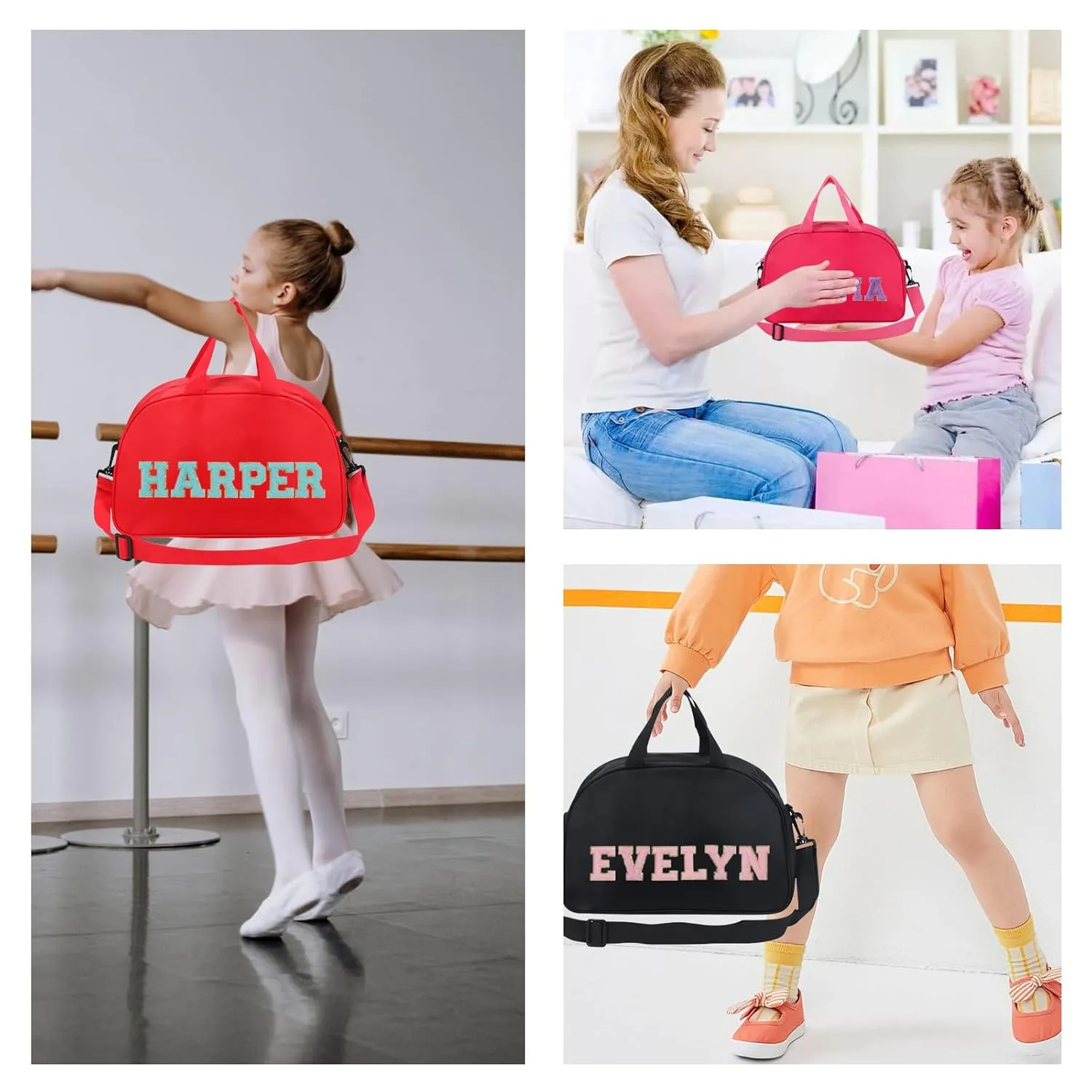 Personalized Kids Dance Ballet Bag, Custom Dance Bag with Chenille Letter, Large Capacity Sport Duffle Bag, Girl Dance Duffle Bag, Pink Cheerleader Bag, 4-6 kids Dance Bag, 14"×8"×6", Gift for Dancer