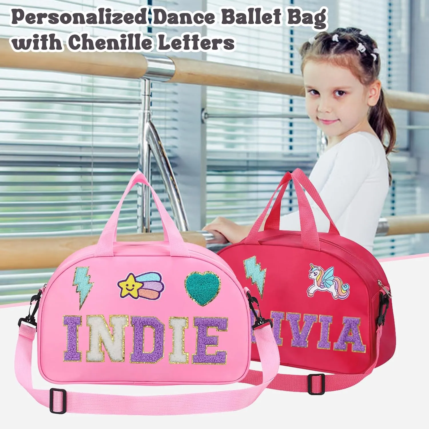 Personalized Kids Dance Ballet Bag, Custom Dance Bag with Chenille Letter, Large Capacity Sport Duffle Bag, Girl Dance Duffle Bag, Pink Cheerleader Bag, 4-6 kids Dance Bag, 14"×8"×6", Gift for Dancer
