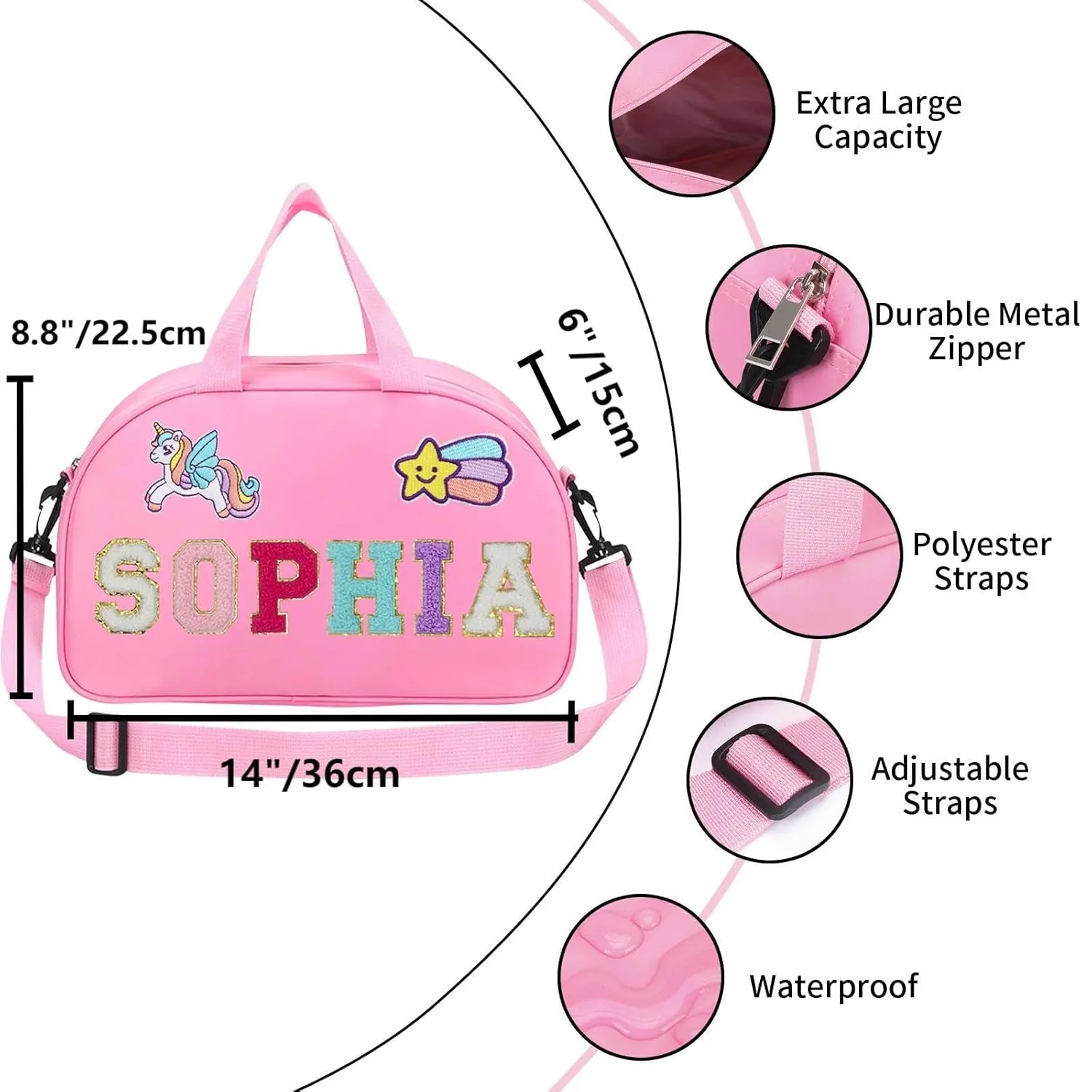 Personalized Kids Dance Ballet Bag, Custom Dance Bag with Chenille Letter, Large Capacity Sport Duffle Bag, Girl Dance Duffle Bag, Pink Cheerleader Bag, 4-6 kids Dance Bag, 14"×8"×6", Gift for Dancer