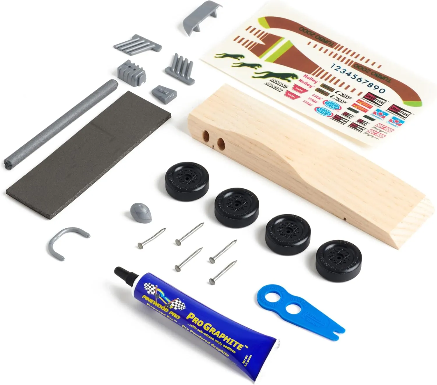 Pinewood Pro Ferrari-Style Derby Car Kit | 22 Piece Set | Polished Axles | Speed Wheels | PRO Graphite Included | Flex Weights | Wheel Spacing Tool | Cool Accessories and Decals