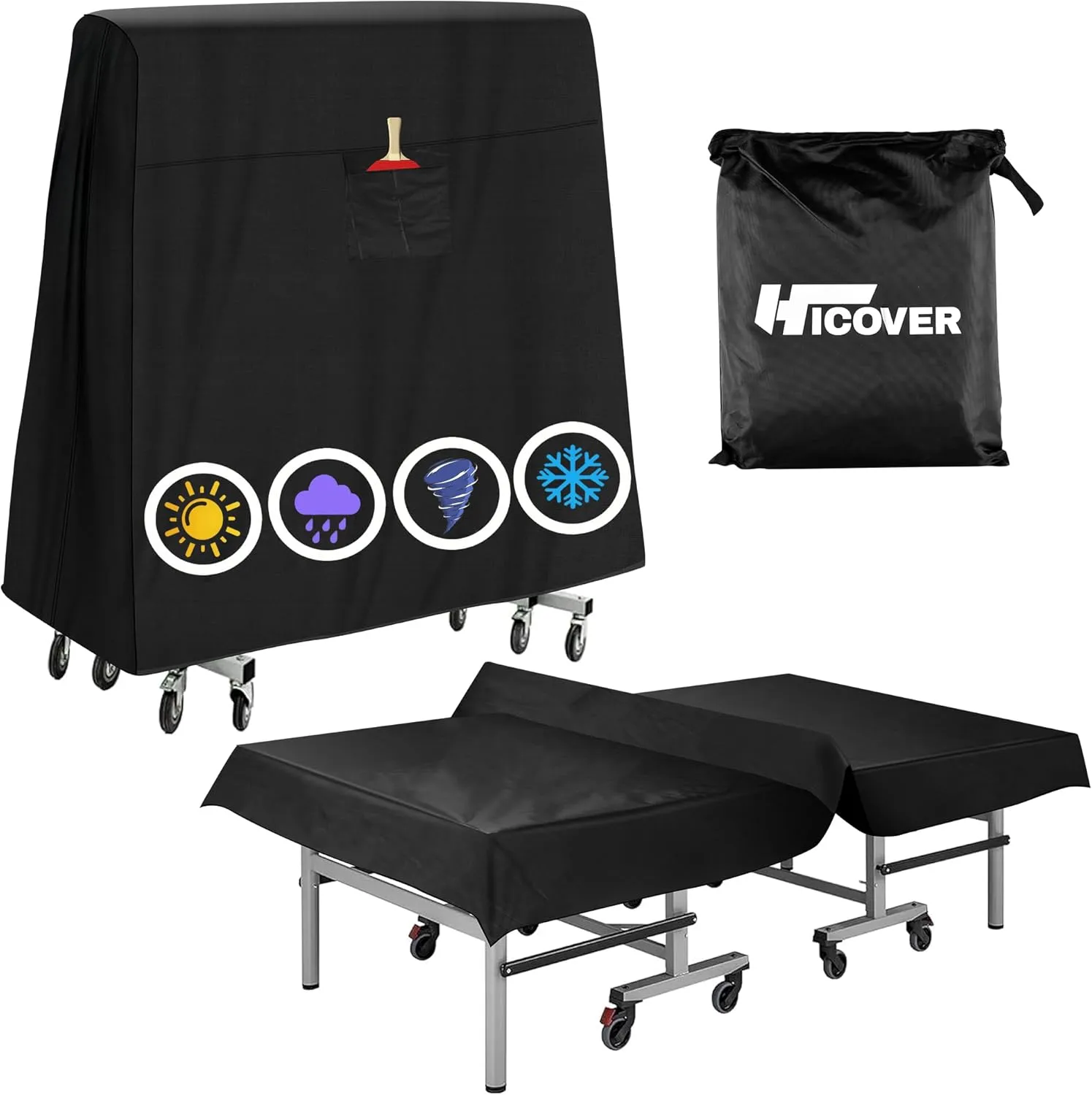 Ping Pong Table Cover, Hicover Table Tennis Cover Waterproof Sunproof Indoor & Outdoor Fits Universal 9x5 FT Tables Folding & Flat Tables, with Paddles Organize Bag, 600D Oxford Fabric