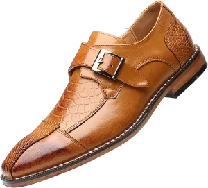Pointed Toe Dress Oxfords Shoes for Men with Monk Strap, Vintage Casual Slip-on Hand Stitched Stacked Heel Wide Derby Shoe for Office Work Business Fashion