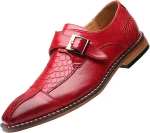Pointed Toe Dress Oxfords Shoes for Men with Monk Strap, Vintage Casual Slip-on Hand Stitched Stacked Heel Wide Derby Shoe for Office Work Business Fashion