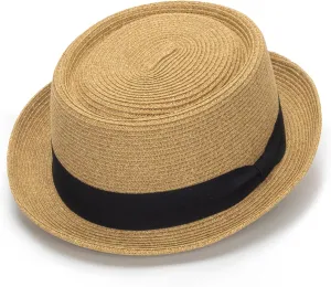Pork-Pie-Hat-for-Men-Women Straw-Boater-Hat Summer-Sun-Derby-Fedora with Bowknot