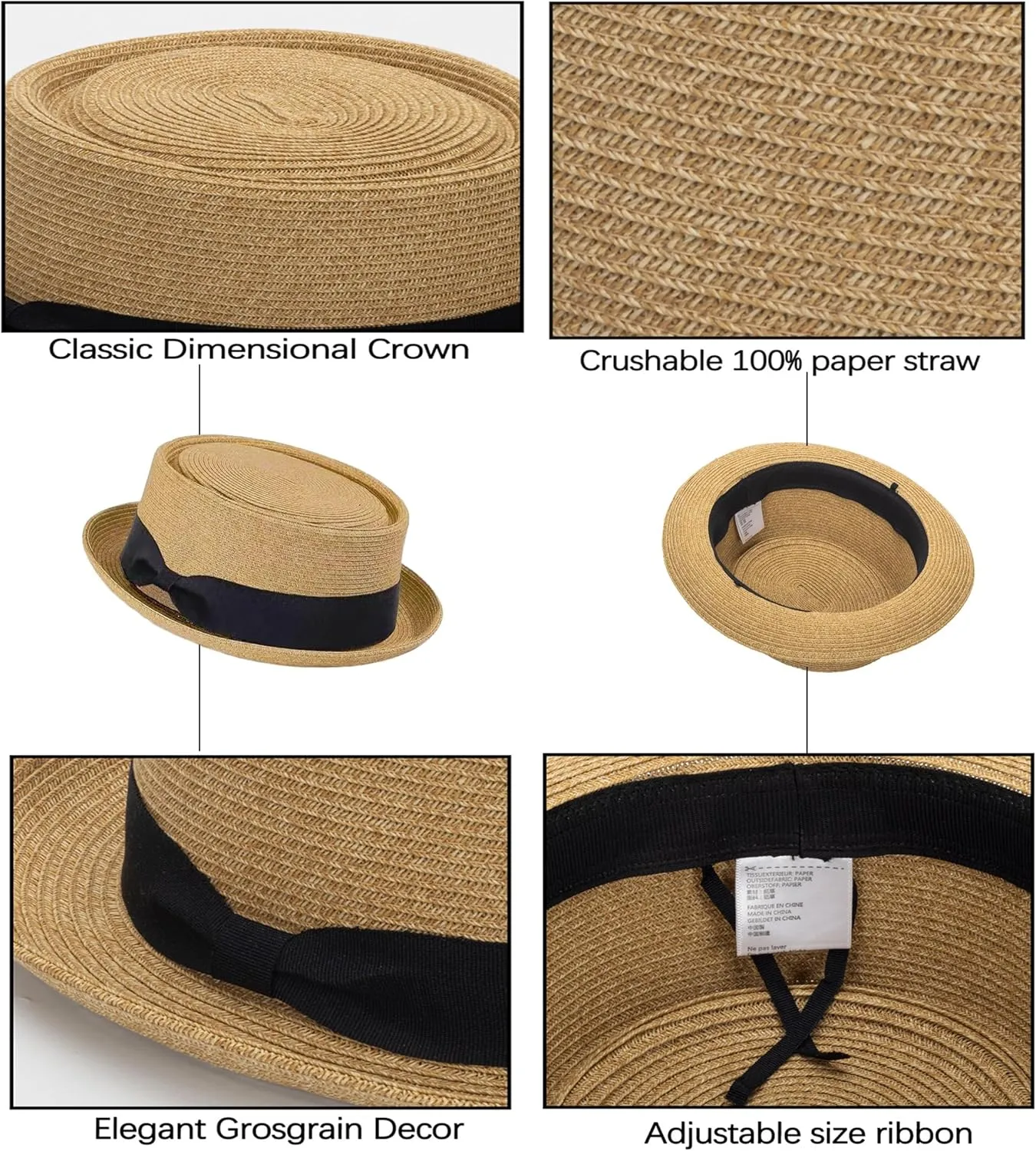 Pork-Pie-Hat-for-Men-Women Straw-Boater-Hat Summer-Sun-Derby-Fedora with Bowknot