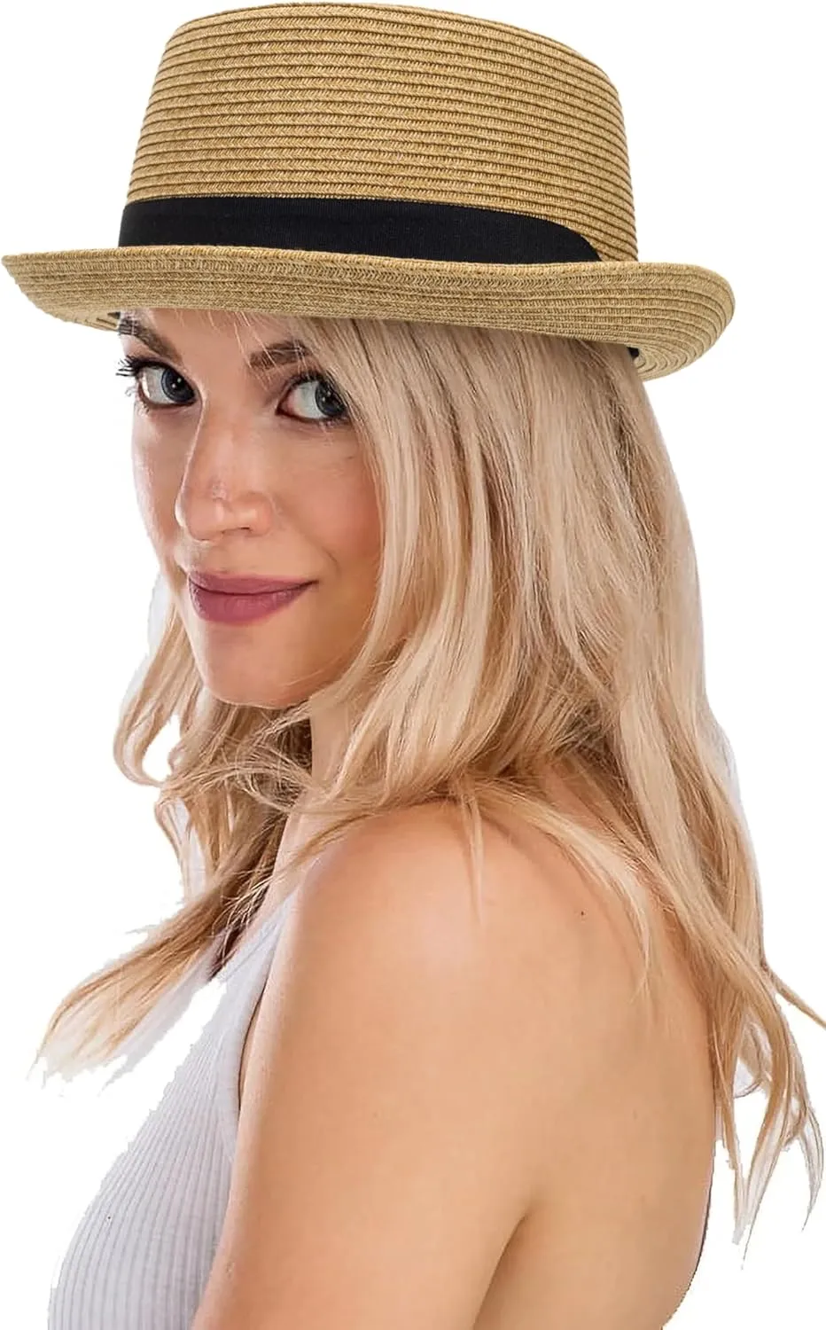 Pork-Pie-Hat-for-Men-Women Straw-Boater-Hat Summer-Sun-Derby-Fedora with Bowknot