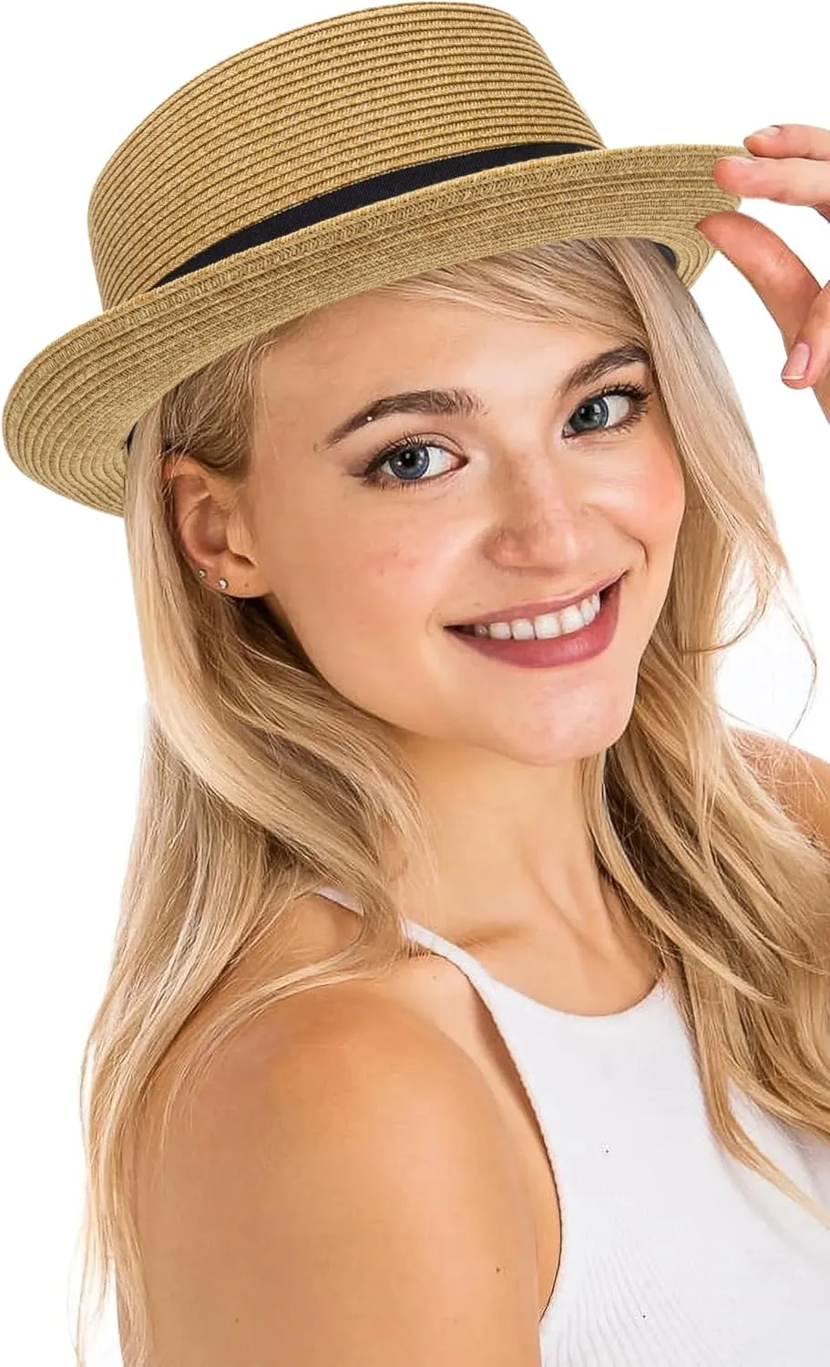 Pork-Pie-Hat-for-Men-Women Straw-Boater-Hat Summer-Sun-Derby-Fedora with Bowknot