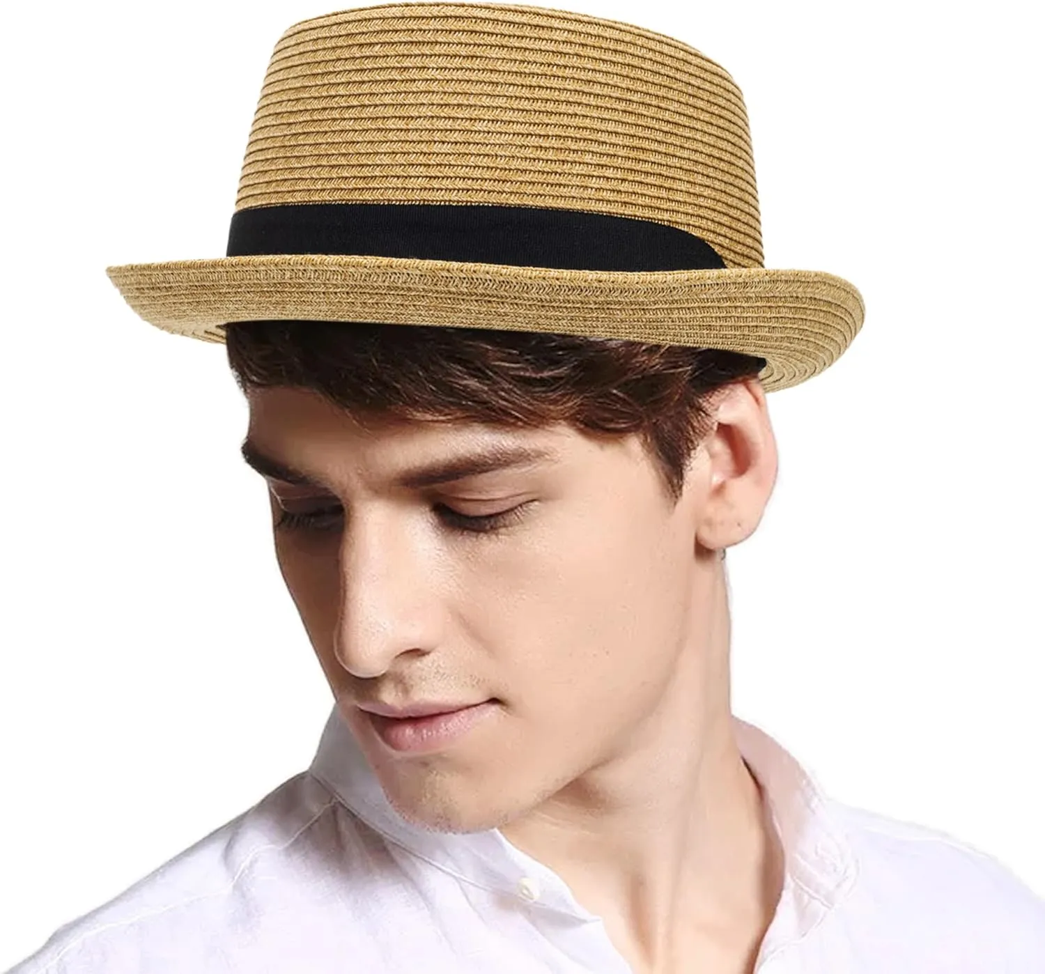 Pork-Pie-Hat-for-Men-Women Straw-Boater-Hat Summer-Sun-Derby-Fedora with Bowknot