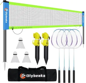 Portable Badminton Net with 4 Badminton Rackets, Durable Badminton Net Set for Driveway Backyard, Stable Game Net System with Carring Bag