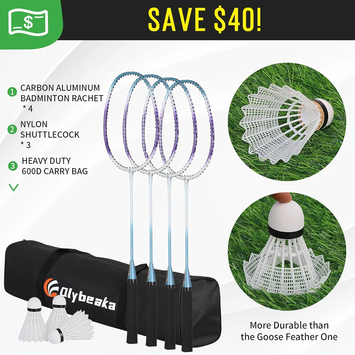 Portable Badminton Net with 4 Badminton Rackets, Durable Badminton Net Set for Driveway Backyard, Stable Game Net System with Carring Bag