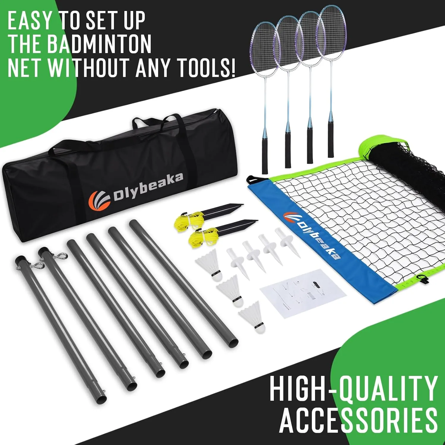 Portable Badminton Net with 4 Badminton Rackets, Durable Badminton Net Set for Driveway Backyard, Stable Game Net System with Carring Bag