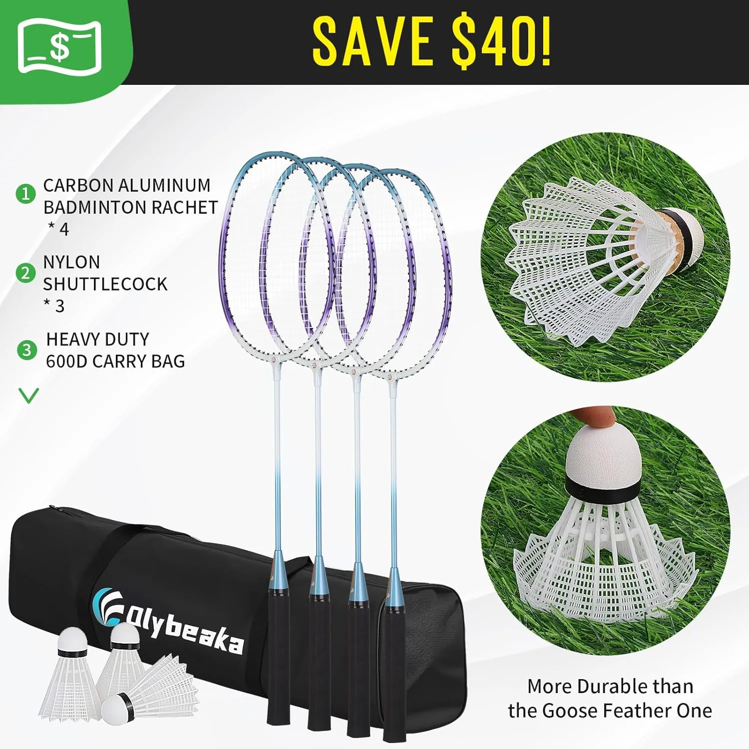 Portable Badminton Net with 4 Badminton Rackets, Durable Badminton Net Set for Driveway Backyard, Stable Game Net System with Carring Bag