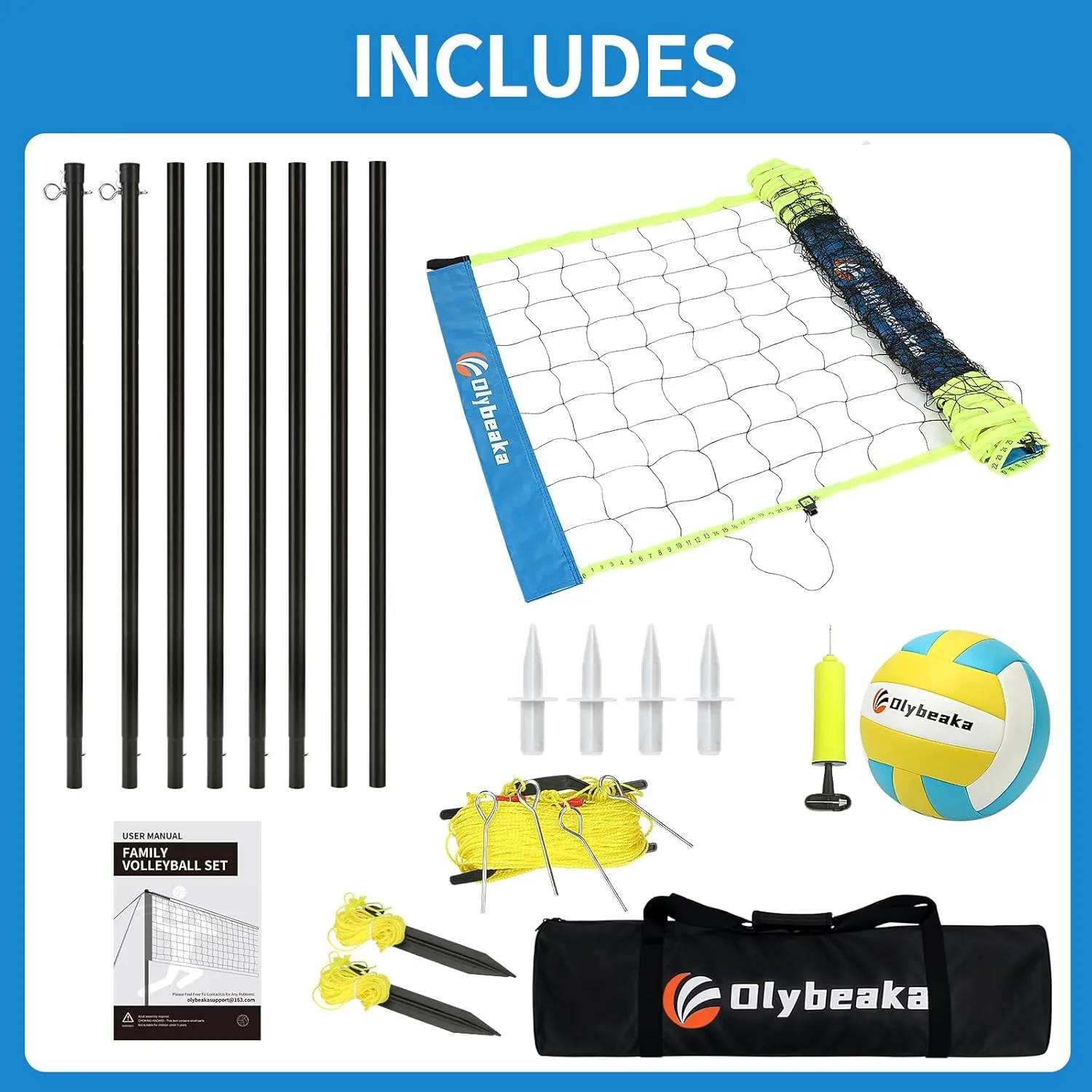 Portable Outdoor Volleyball Net Set for Backyard Beach with Adjustable Poles, Durable 20ft/32ft Net, Soft PU Volleyball & Pump, Carry Bag - Easy Set Up & Durable