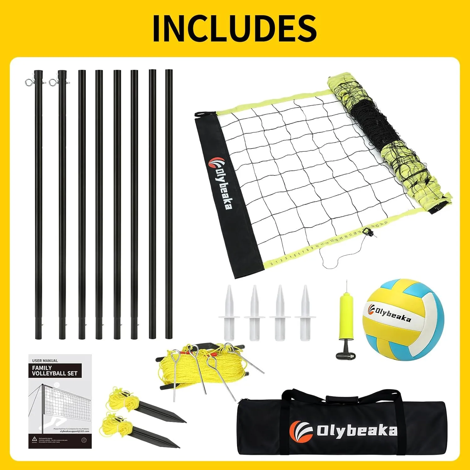 Portable Outdoor Volleyball Net Set for Backyard Beach with Adjustable Poles, Durable 20ft/32ft Net, Soft PU Volleyball & Pump, Carry Bag - Easy Set Up & Durable