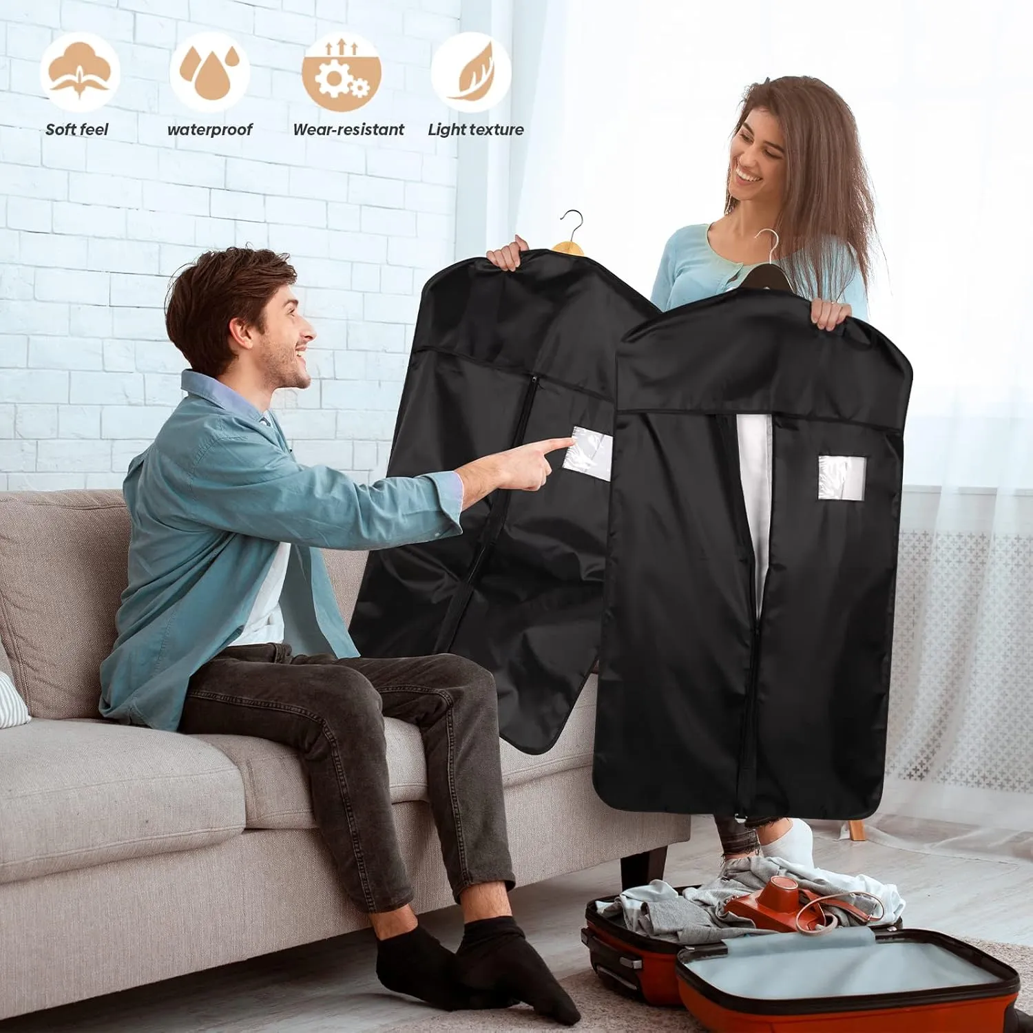 Premium Oxford Fabric Garment Bag Hanging Clothes Travel Suit Bag with Clear Window for Suits, Coats, T-Shirts, Jackets. (Black, 40-inch-4 packs)