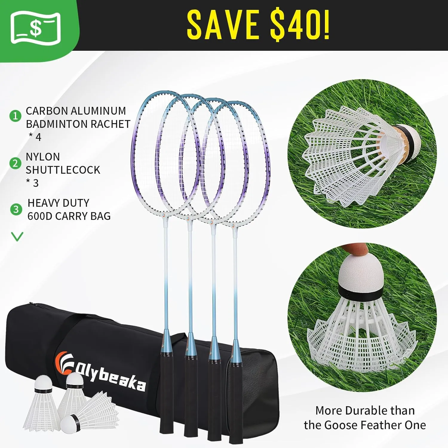 Professional Baminton Set, Portable Badminton Net Set for Backyard with Carring Bag, 4 Aluminum Badminton Rackets, 3 Shuttlecocks - Easy Set Up & Durable