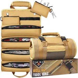 QcoQce Heavy Duty Oxford Tool Roll, Waterproof Durable Tool Bag with 6 Pockets, Tool Organizer for Garage, Vehicle Maintenance, Home Repairs, Portable Roll Up Tool Bag for Men (Khaki)