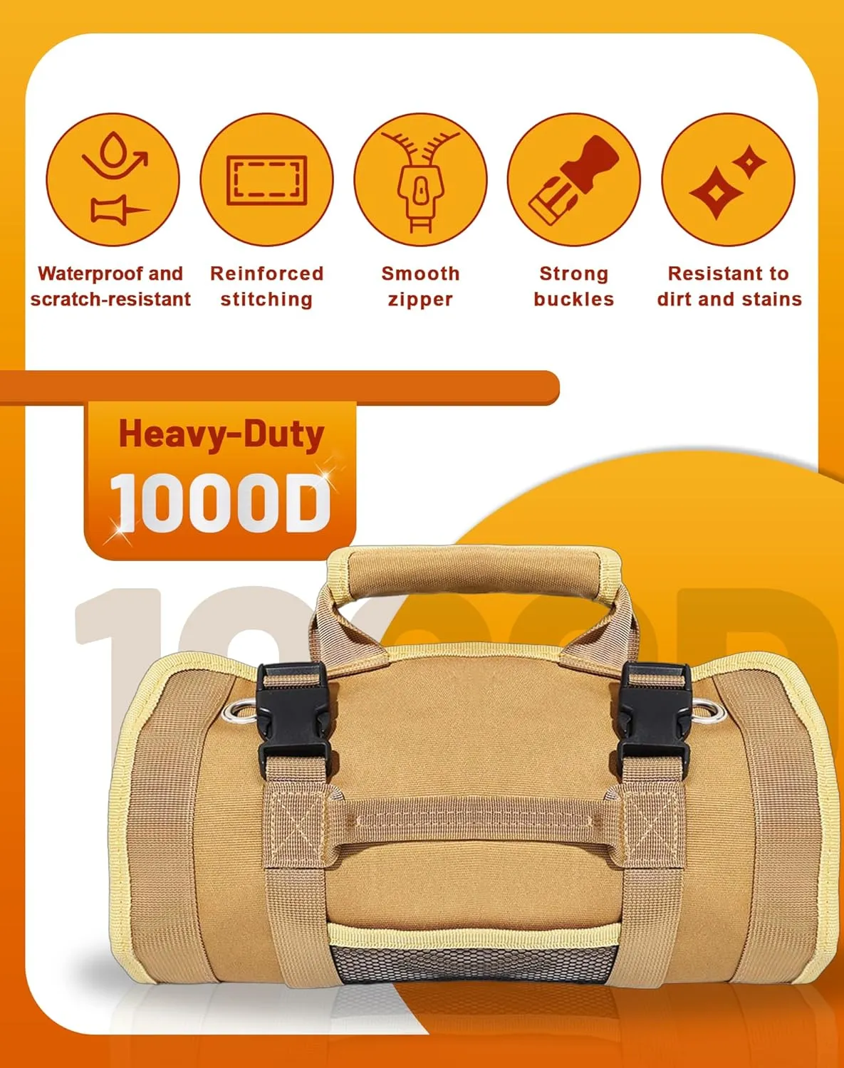 QcoQce Heavy Duty Oxford Tool Roll, Waterproof Durable Tool Bag with 6 Pockets, Tool Organizer for Garage, Vehicle Maintenance, Home Repairs, Portable Roll Up Tool Bag for Men (Khaki)