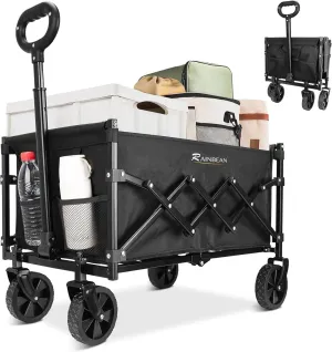 RAINBEAN Collapsible Wagon Cart Foldable Heavy Duty Folding Wagon Large Capacity Shopping Cart Utility for Camping Garden Beach Sports Fishing, Black (264lbs)