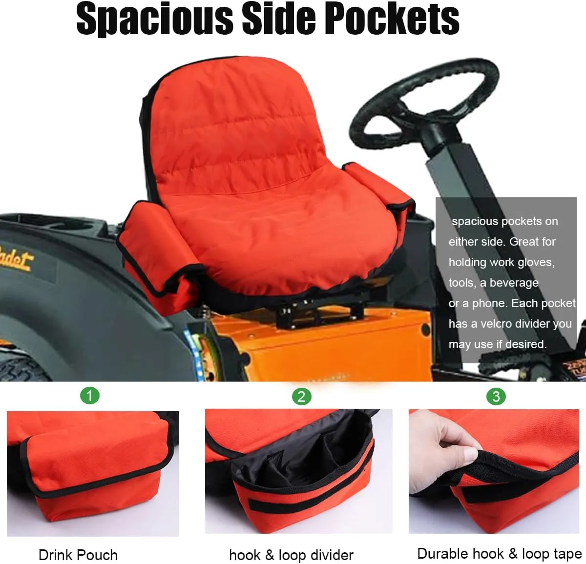 Riding Lawn Mower Seat Cover Compatible with Kubota,Tractor Seat Cover Compatible with Craftsman,for Cub Cadet,for John Deere, for Husqvarna,with Drink Pouch (Large)