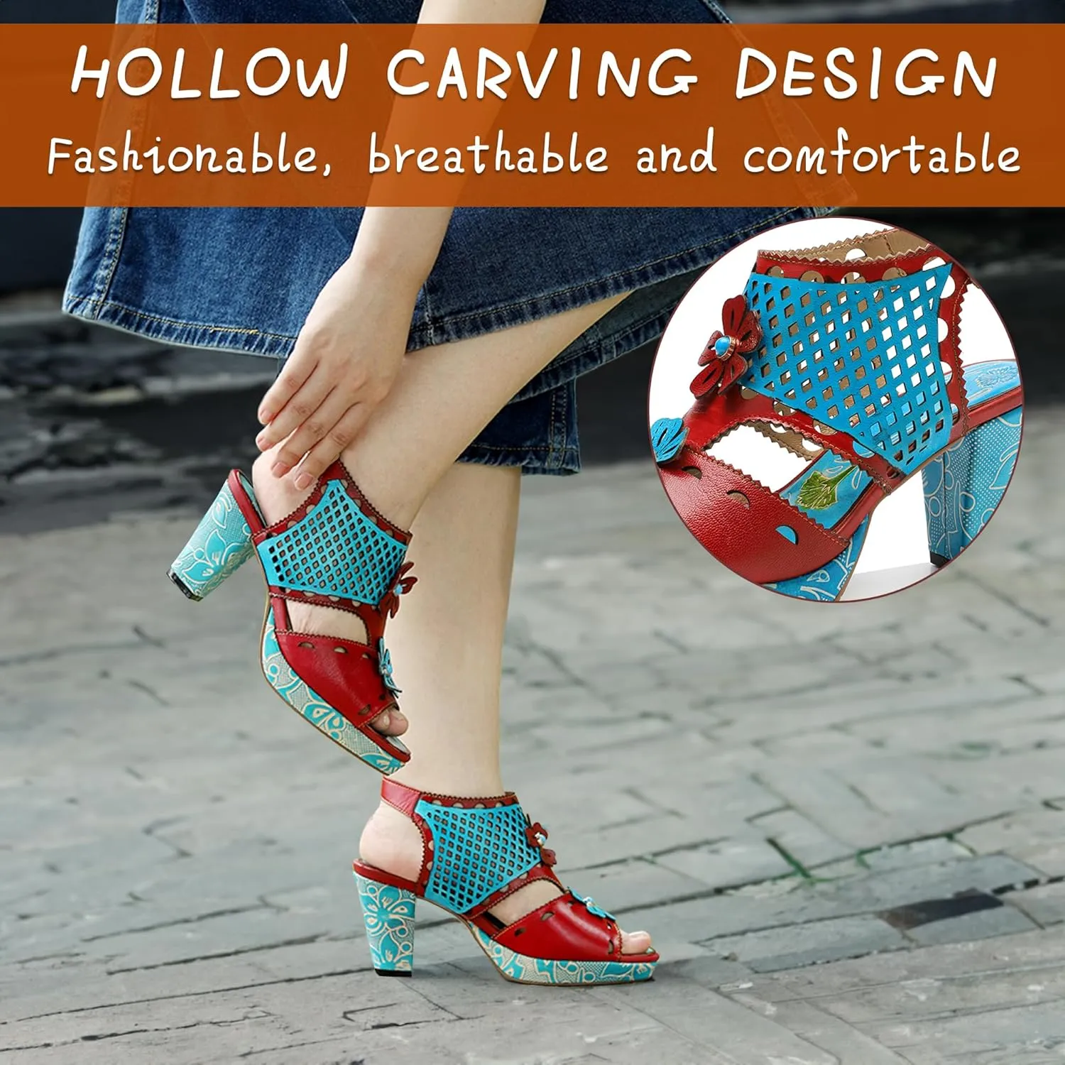 Riutiru Women's Handmade Lambskin Retro Casual Sandals for Spring and Summer, Contrast 3D Color-blocking Flower Comfortable High-heeled Sandals for Women