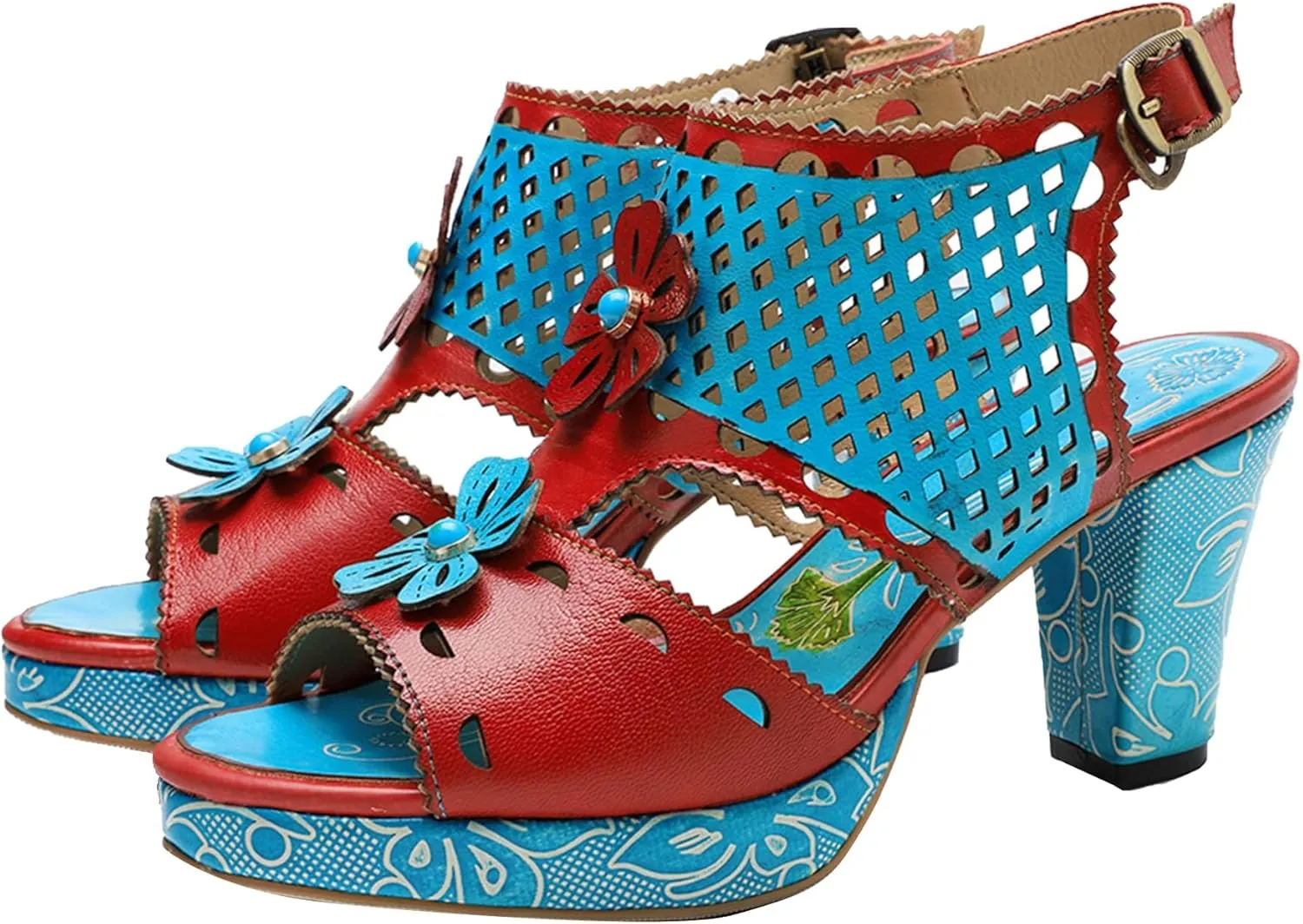 Riutiru Women's Handmade Lambskin Retro Casual Sandals for Spring and Summer, Contrast 3D Color-blocking Flower Comfortable High-heeled Sandals for Women
