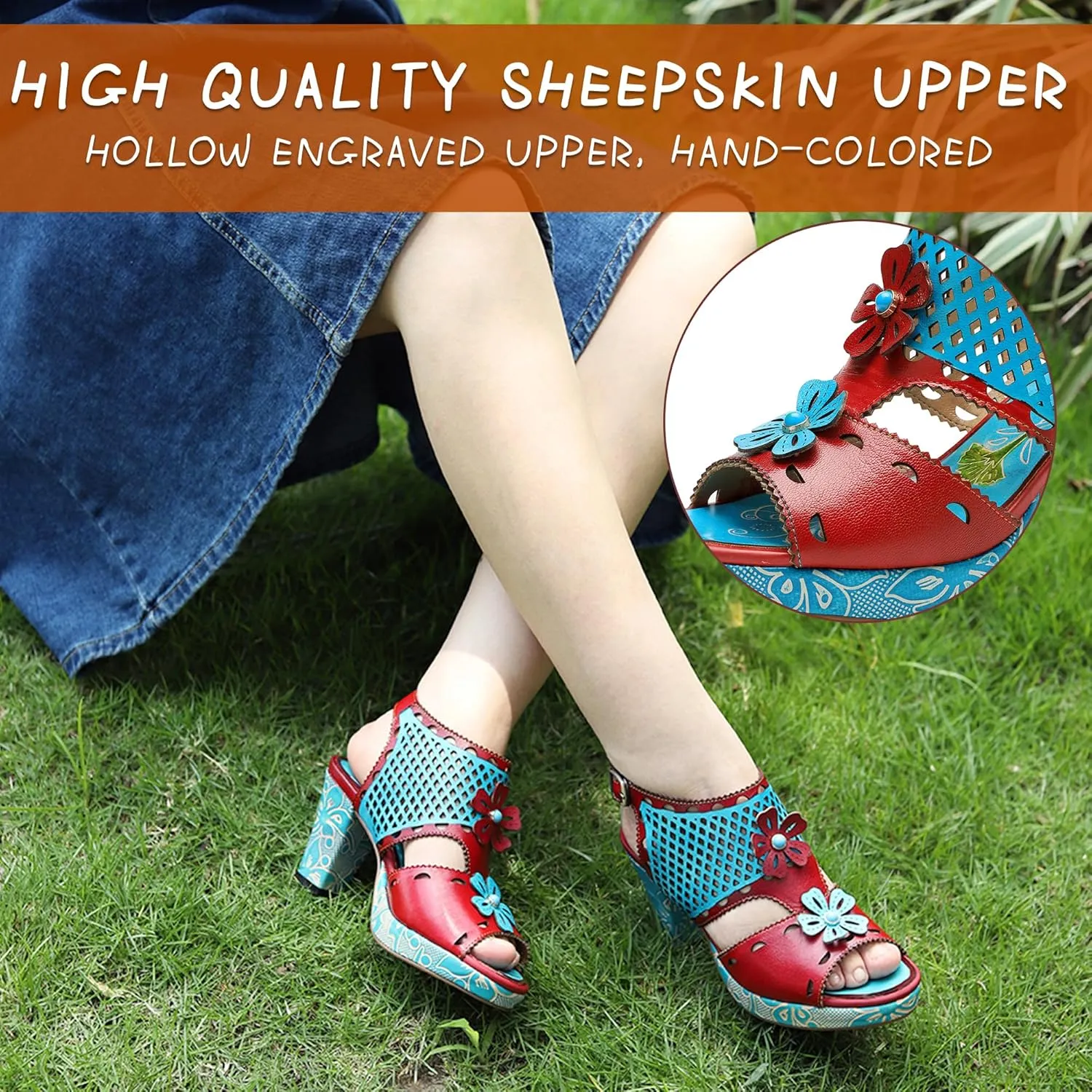 Riutiru Women's Handmade Lambskin Retro Casual Sandals for Spring and Summer, Contrast 3D Color-blocking Flower Comfortable High-heeled Sandals for Women