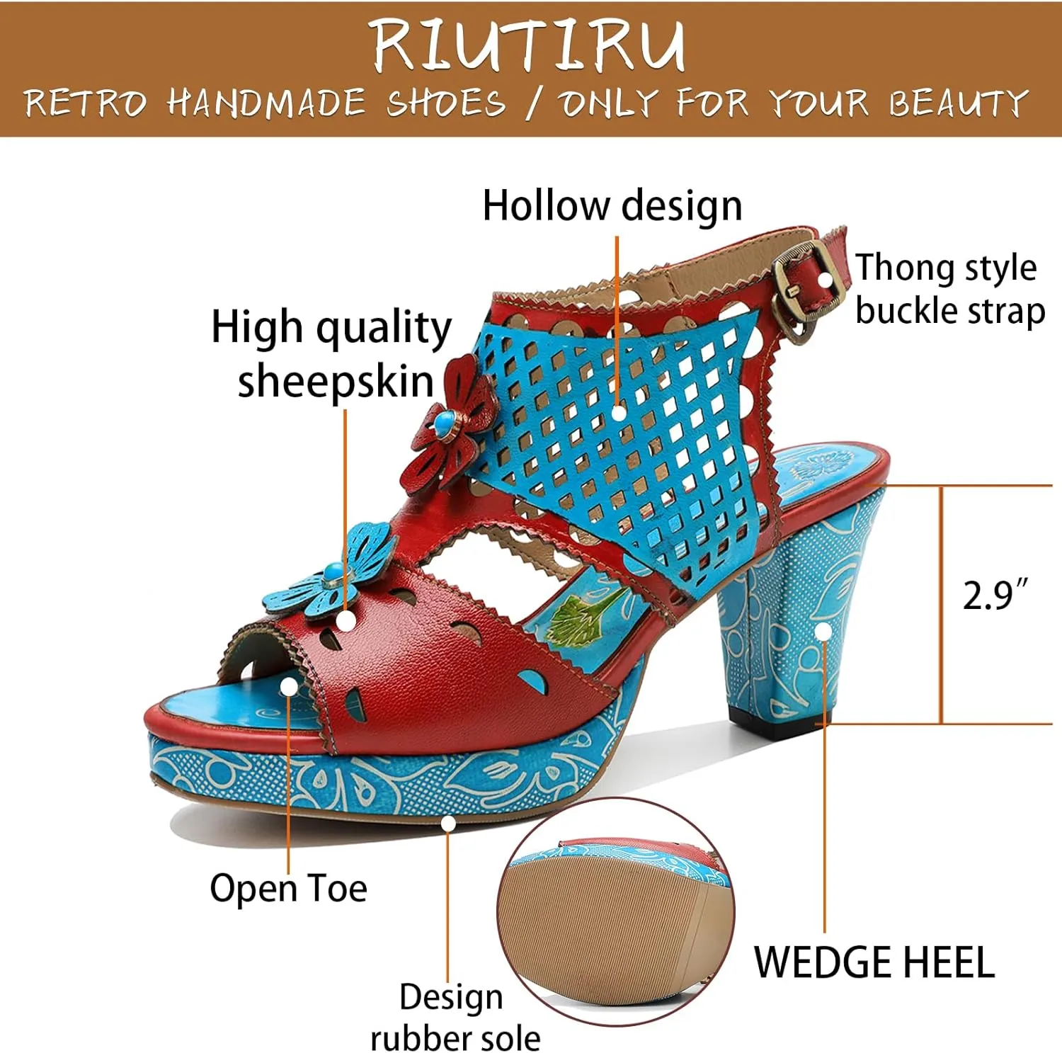Riutiru Women's Handmade Lambskin Retro Casual Sandals for Spring and Summer, Contrast 3D Color-blocking Flower Comfortable High-heeled Sandals for Women
