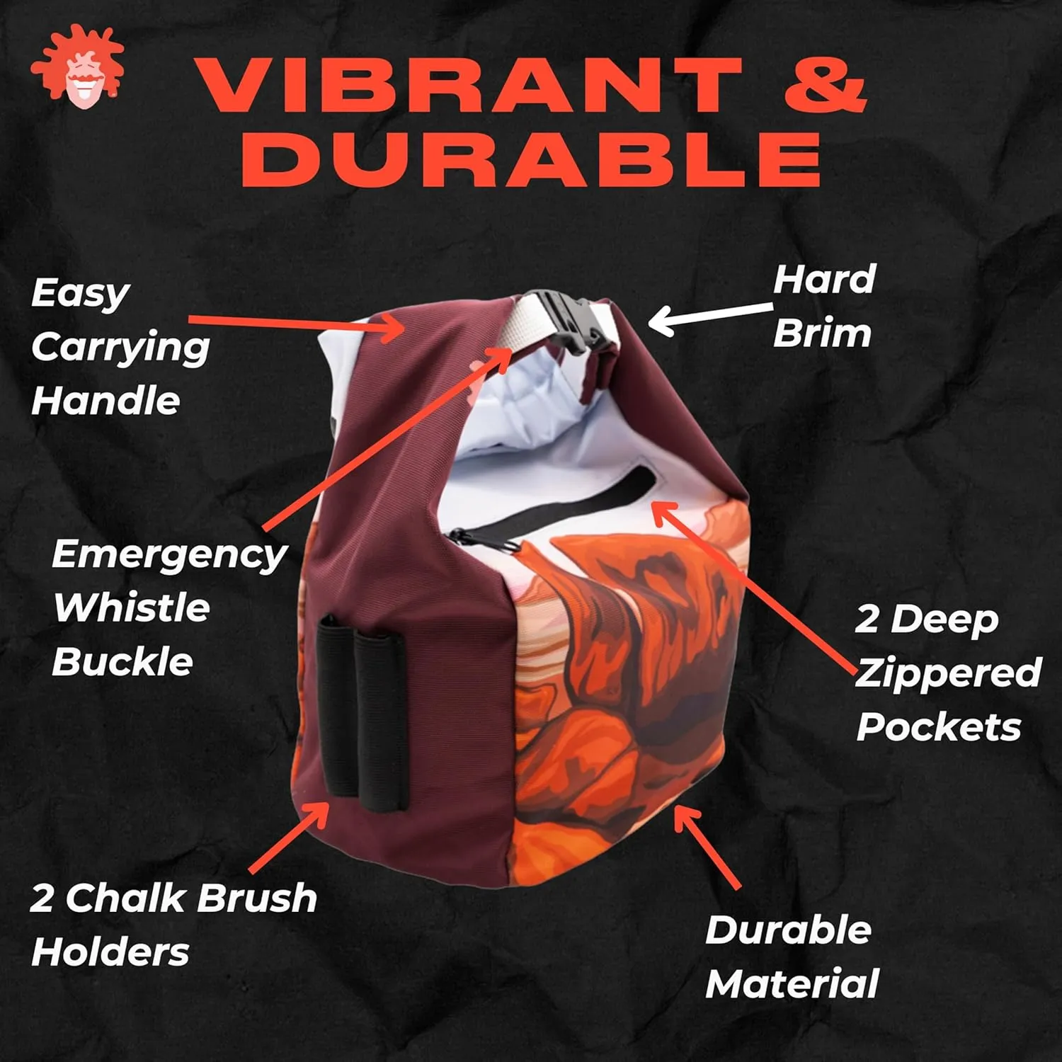 Rock Climbing Chalk Bucket | for Bouldering Gym & Outdoor Use | Durable Velcro Closure, 2 Zippered Pockets, Easy-Carry Handle