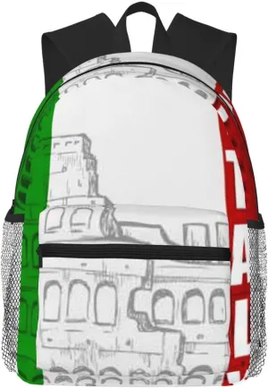 Roman Colosseum Italian Flag Print Backpack Durable Travel,Sports Beach Backpack Lightweight Bags Work Casual Daypack