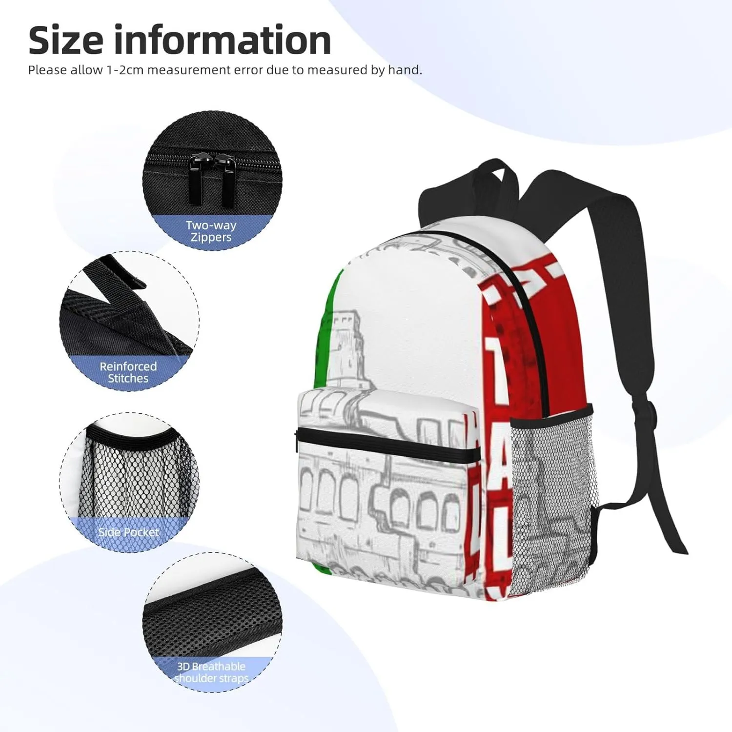 Roman Colosseum Italian Flag Print Backpack Durable Travel,Sports Beach Backpack Lightweight Bags Work Casual Daypack