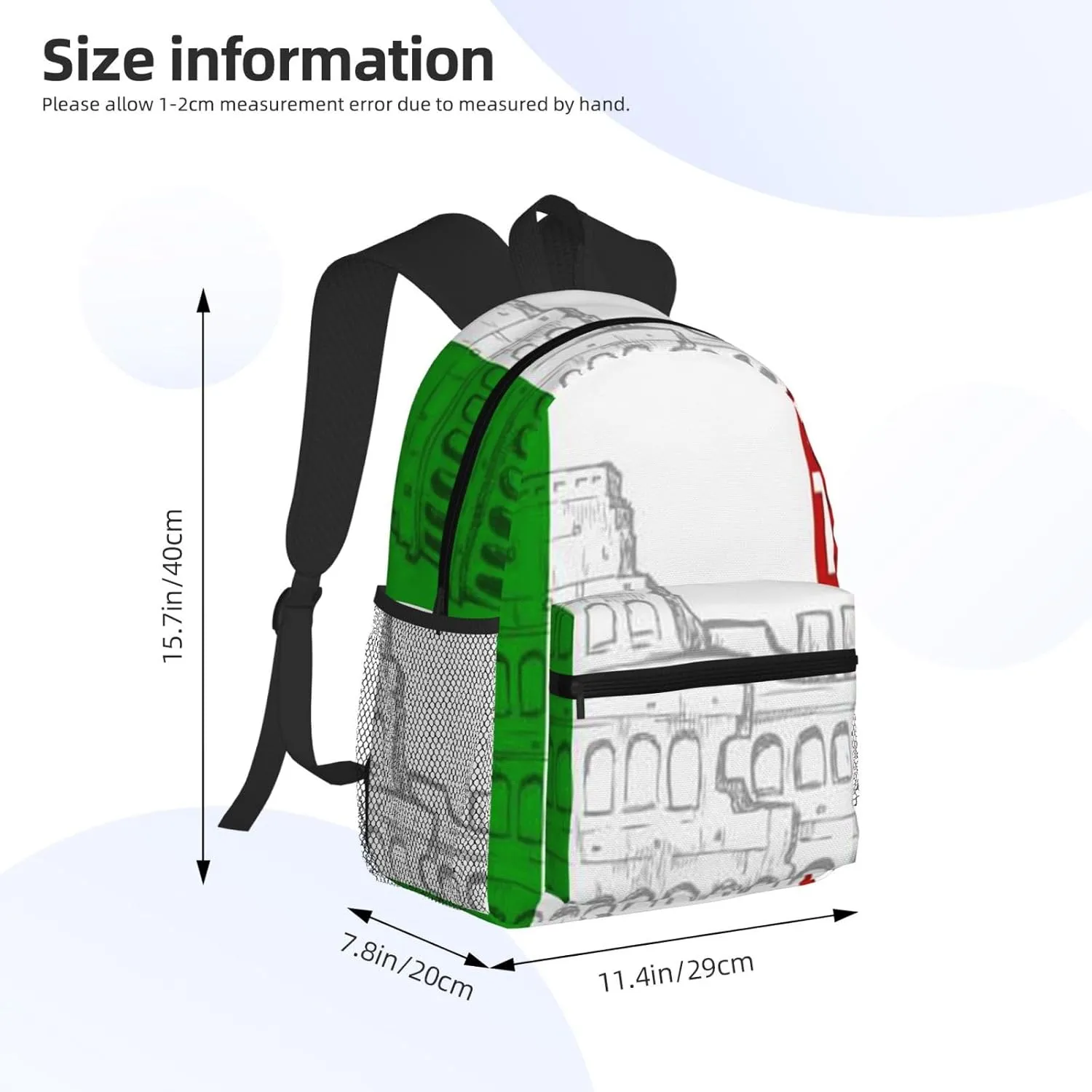 Roman Colosseum Italian Flag Print Backpack Durable Travel,Sports Beach Backpack Lightweight Bags Work Casual Daypack
