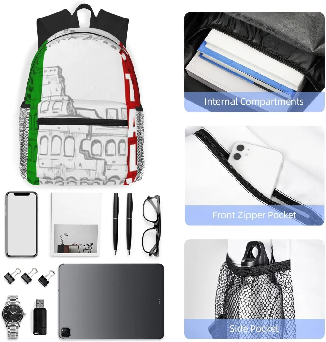 Roman Colosseum Italian Flag Print Backpack Durable Travel,Sports Beach Backpack Lightweight Bags Work Casual Daypack