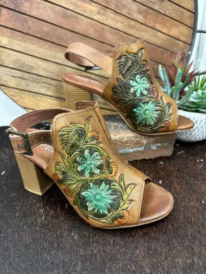 Roper Women's Tan Floral Tooled Leather Open Toe Zip Mule Sandal 0946-3307