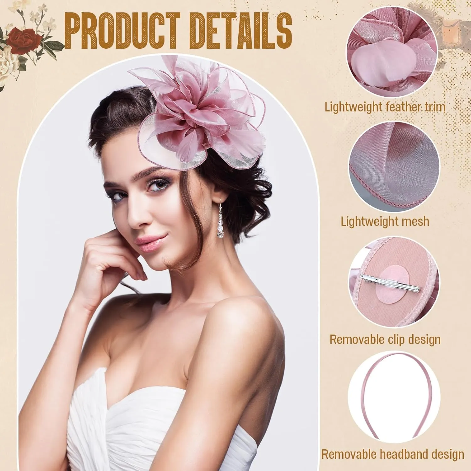 Roshtia 9pcs DIY Women Fascinator Hats for Derby Party, DIY Fascinator Hats Flower Mesh Feather on Headband with Hair Clips for Tea Party Wedding (Bright)