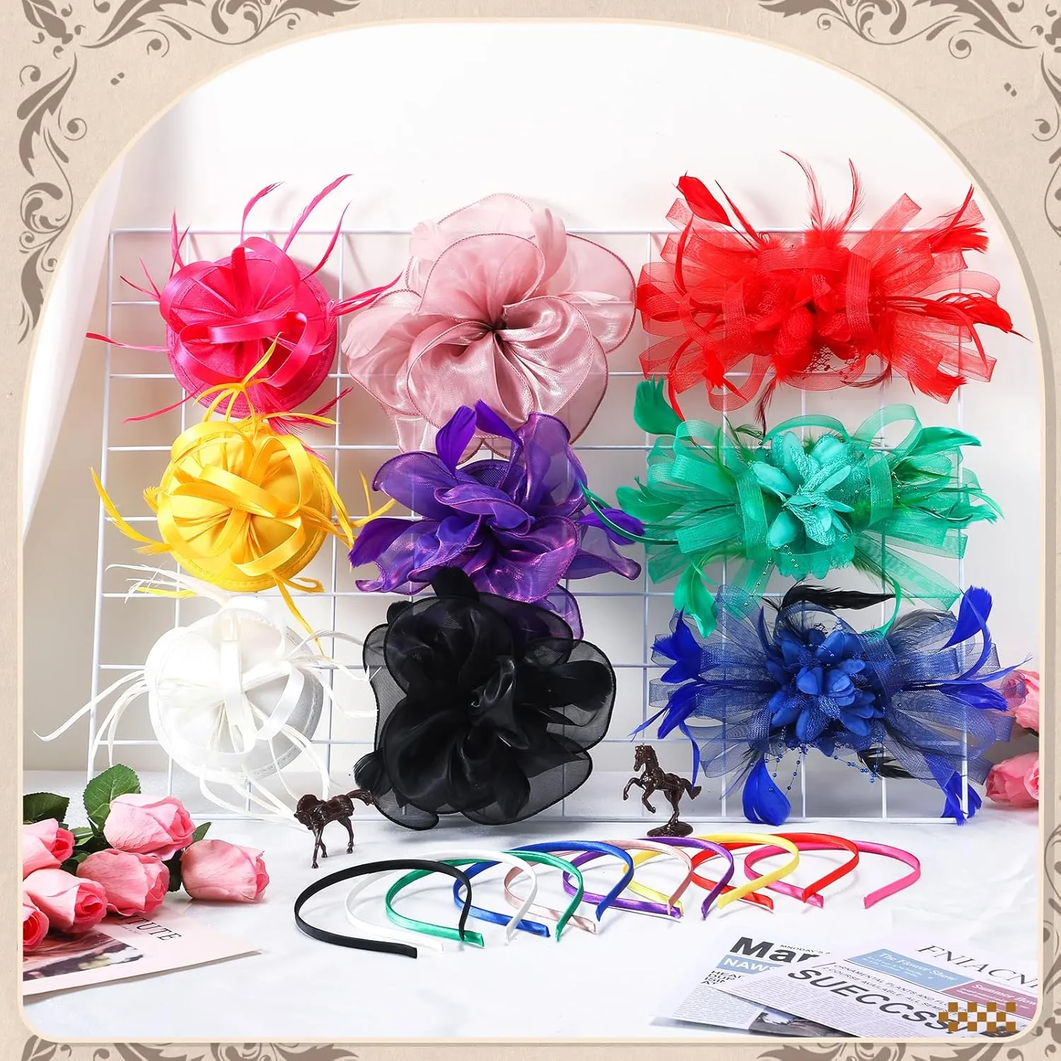 Roshtia 9pcs DIY Women Fascinator Hats for Derby Party, DIY Fascinator Hats Flower Mesh Feather on Headband with Hair Clips for Tea Party Wedding (Bright)