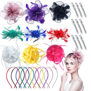 Roshtia 9pcs DIY Women Fascinator Hats for Derby Party, DIY Fascinator Hats Flower Mesh Feather on Headband with Hair Clips for Tea Party Wedding (Bright)