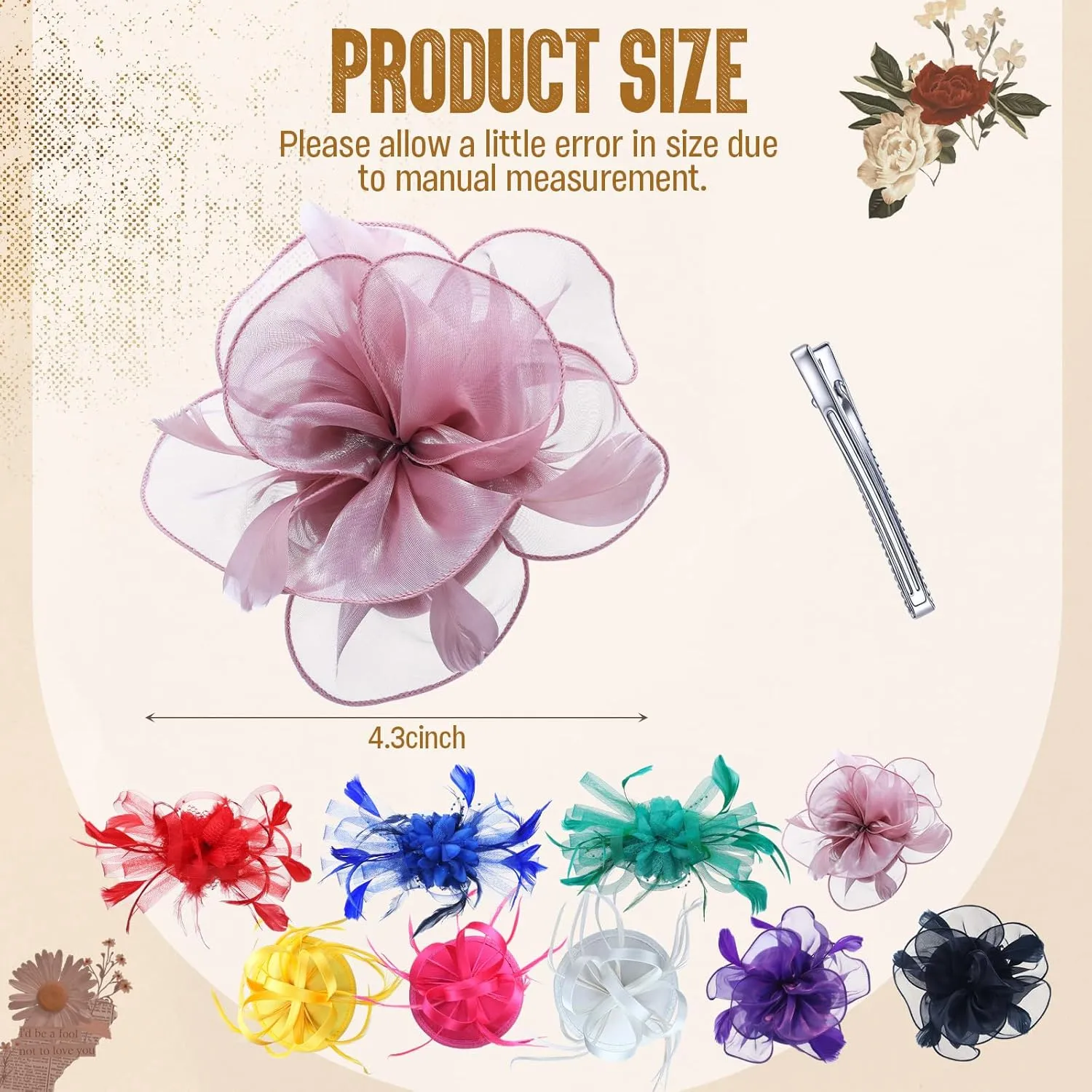 Roshtia 9pcs DIY Women Fascinator Hats for Derby Party, DIY Fascinator Hats Flower Mesh Feather on Headband with Hair Clips for Tea Party Wedding (Bright)