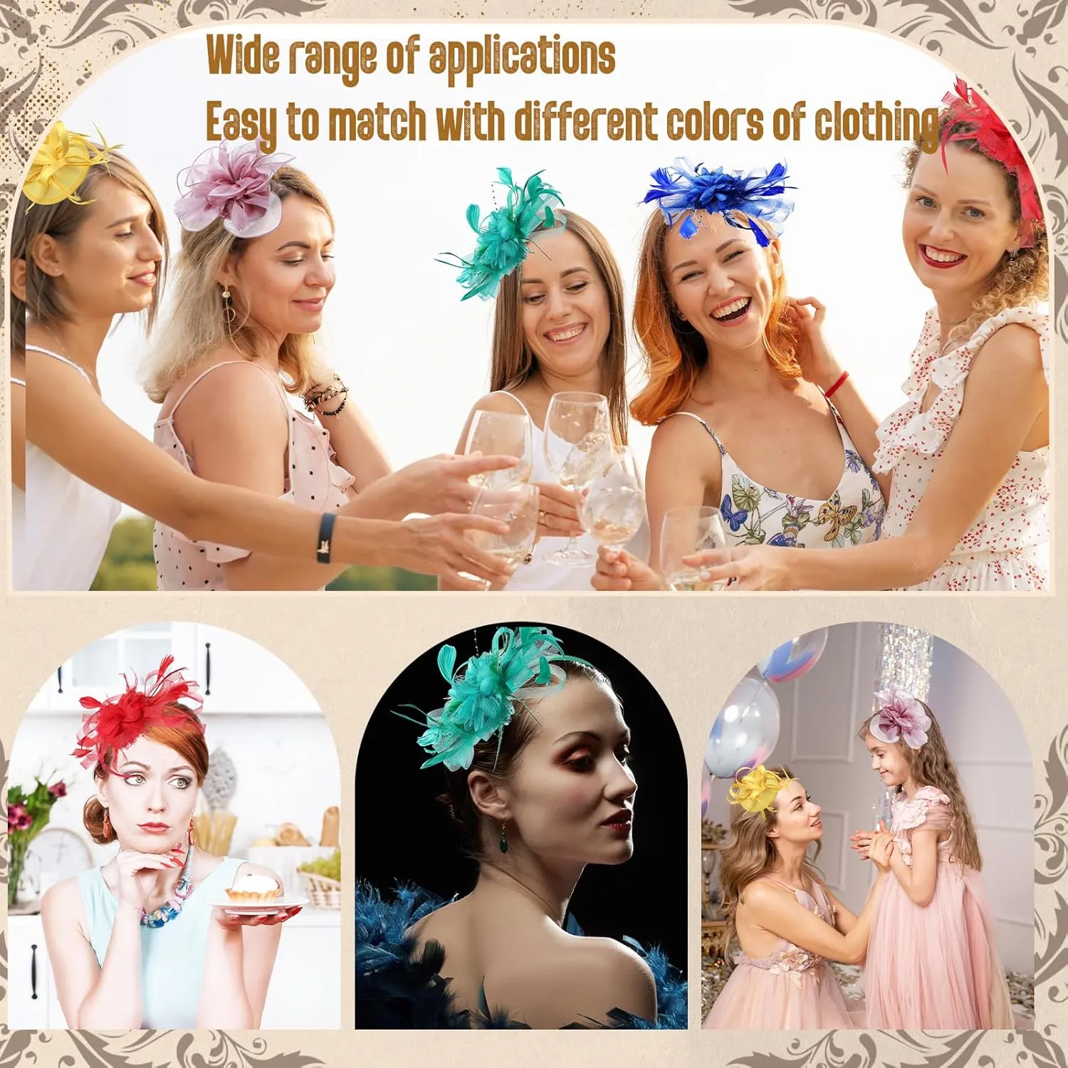 Roshtia 9pcs DIY Women Fascinator Hats for Derby Party, DIY Fascinator Hats Flower Mesh Feather on Headband with Hair Clips for Tea Party Wedding (Bright)