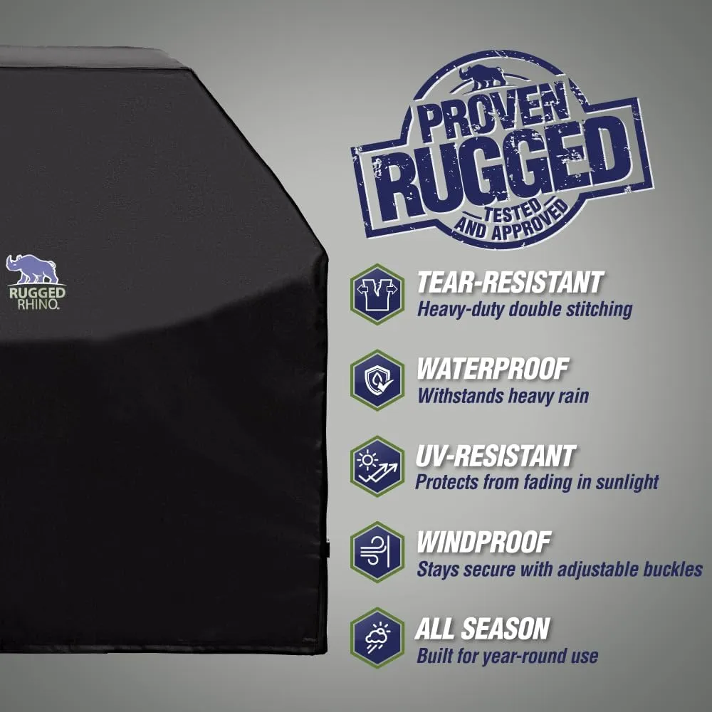 Rugged Rhino All Season Heavy Duty Grill Cover, Three Layer Waterproof UV Resistant and Windproof Covers for Outdoor, Secure Buckle Closure, Grilling Griddle Storage Outside, 52"L x 26"W x 43"H, Black