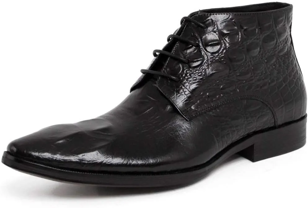 Rui Landed Ankle Boot for Men High Top Business Derby Boot Lace Up Style Premium Genuine Leather Crocodile Print Vamp Pointed Toe Block Heel Easy Care (Color : Black, Size : 4 M US)