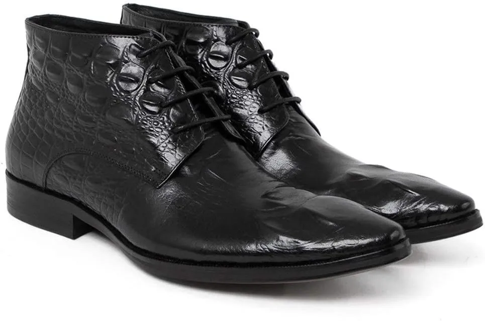 Rui Landed Ankle Boot for Men High Top Business Derby Boot Lace Up Style Premium Genuine Leather Crocodile Print Vamp Pointed Toe Block Heel Easy Care (Color : Black, Size : 4 M US)